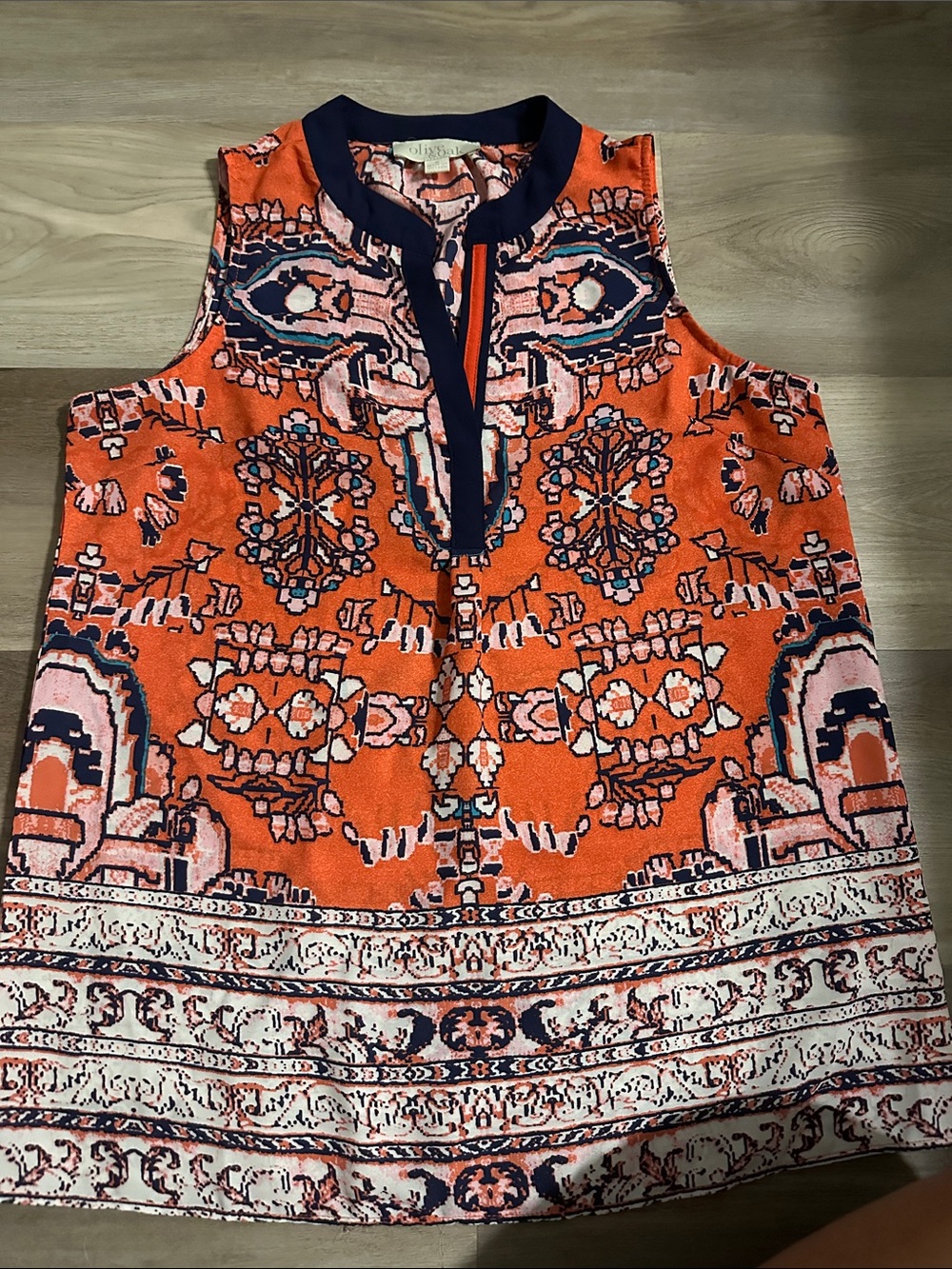 Olive & Oak Orange Printed Sleeveless Blouse with Navy Trim